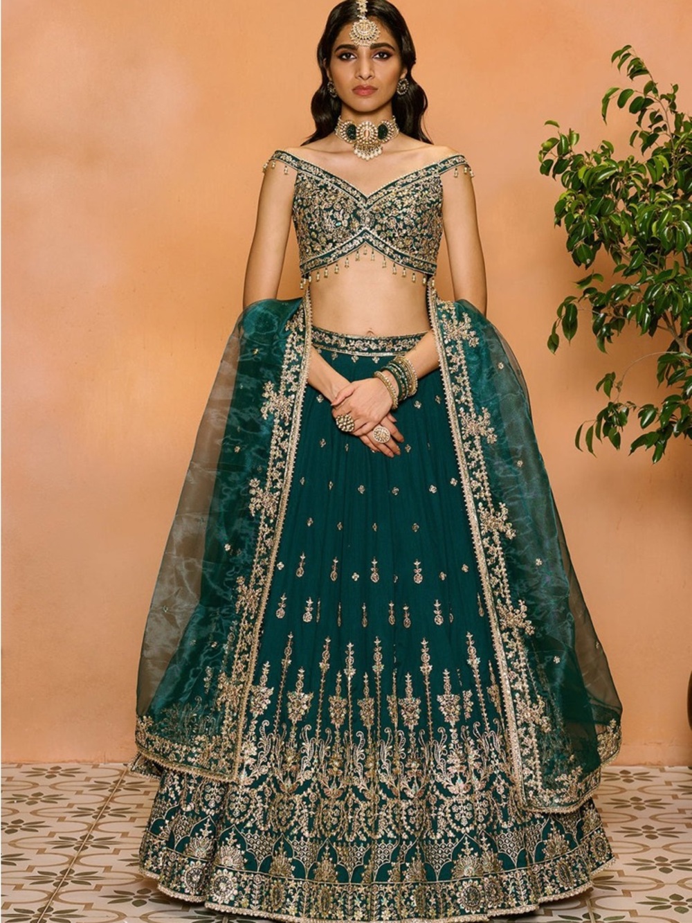 Embellished Teal Green Lehenga with Gold Embroidery